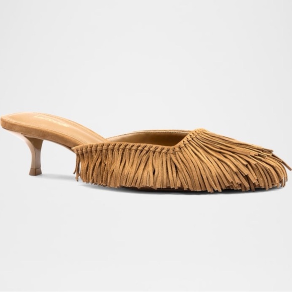 Larroude Shoes - Larroude Tan Suede Fringed Kitten Heel Mule